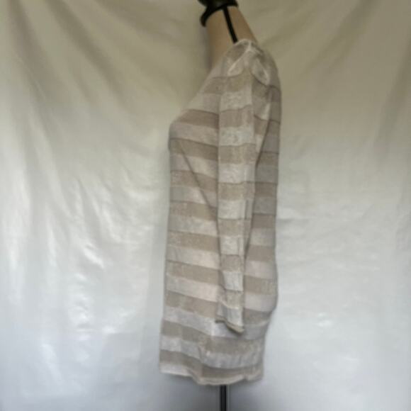 Tory Burch Metallic Stripe Sweater Sz M Boatneck Coastal Lightweight Preppy Tan - Picture 4 of 12